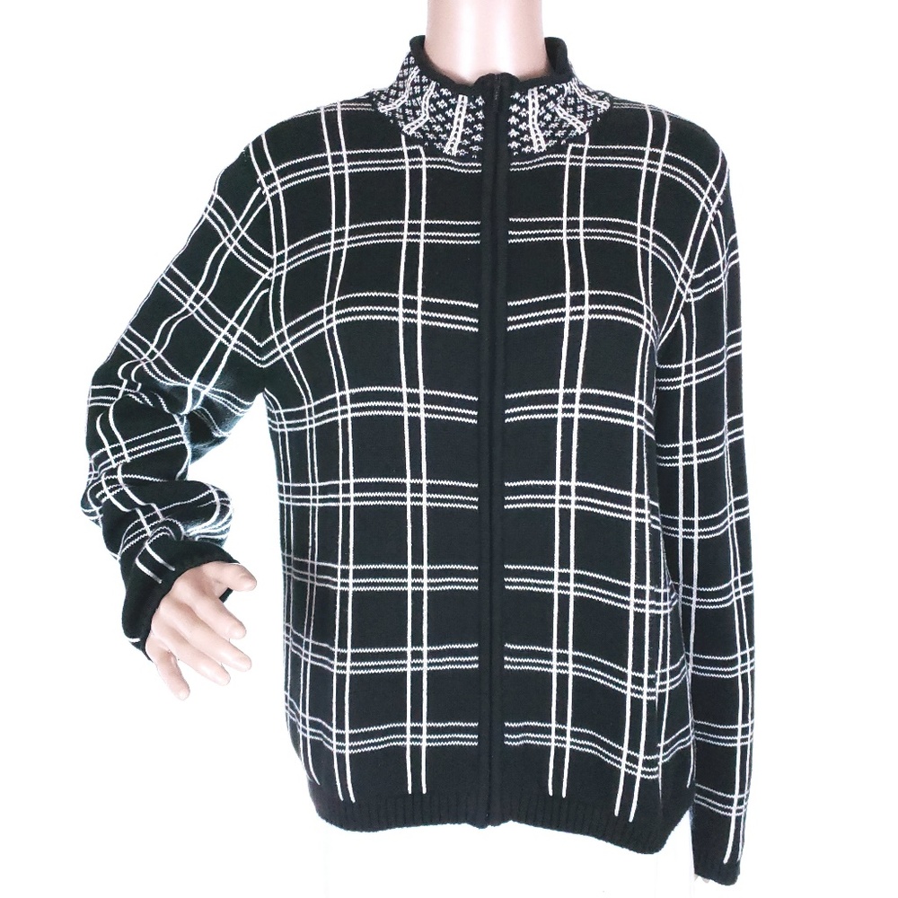 Talbots Women Cardigan Knit Full Zip Check Cotton Long Sleeves Size L